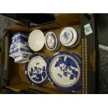 A mixed collection of items to include: Booths Real Old Willow Blue & White patterned dinner ware,
