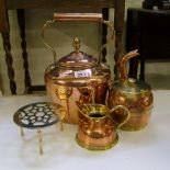 Copper kettle: together with copper and brass jug and barrel and a brass trivet (4)