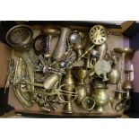 A good collection of brass ware: to include candlesticks, nut crackers, tongs, bowls etc (1 tray)