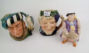 Royal Doulton large character jugs : The Falconer D6533, Bucchus D6499 together with a melba ware