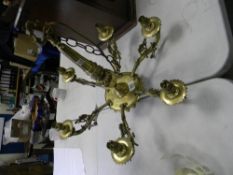 Brass six branch chandelier light fitting: