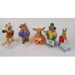 Royal Doulton Boxed Bunnykins figures: Merlin, Winter Lapland, Halloween, Happy Birthday & Eskimo(5)