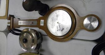Oak cased barometer: together with a silver plated kettle and a wooden sculpture (3)