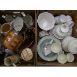 A mixed collection of items: stainless steel teapot, planters, wall plates, cups etc (2 trays).