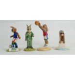 Royal Doulton Bunnykins figures: Soccer, Stopwatch & limited edition figures Swimmer & Basketball(4)