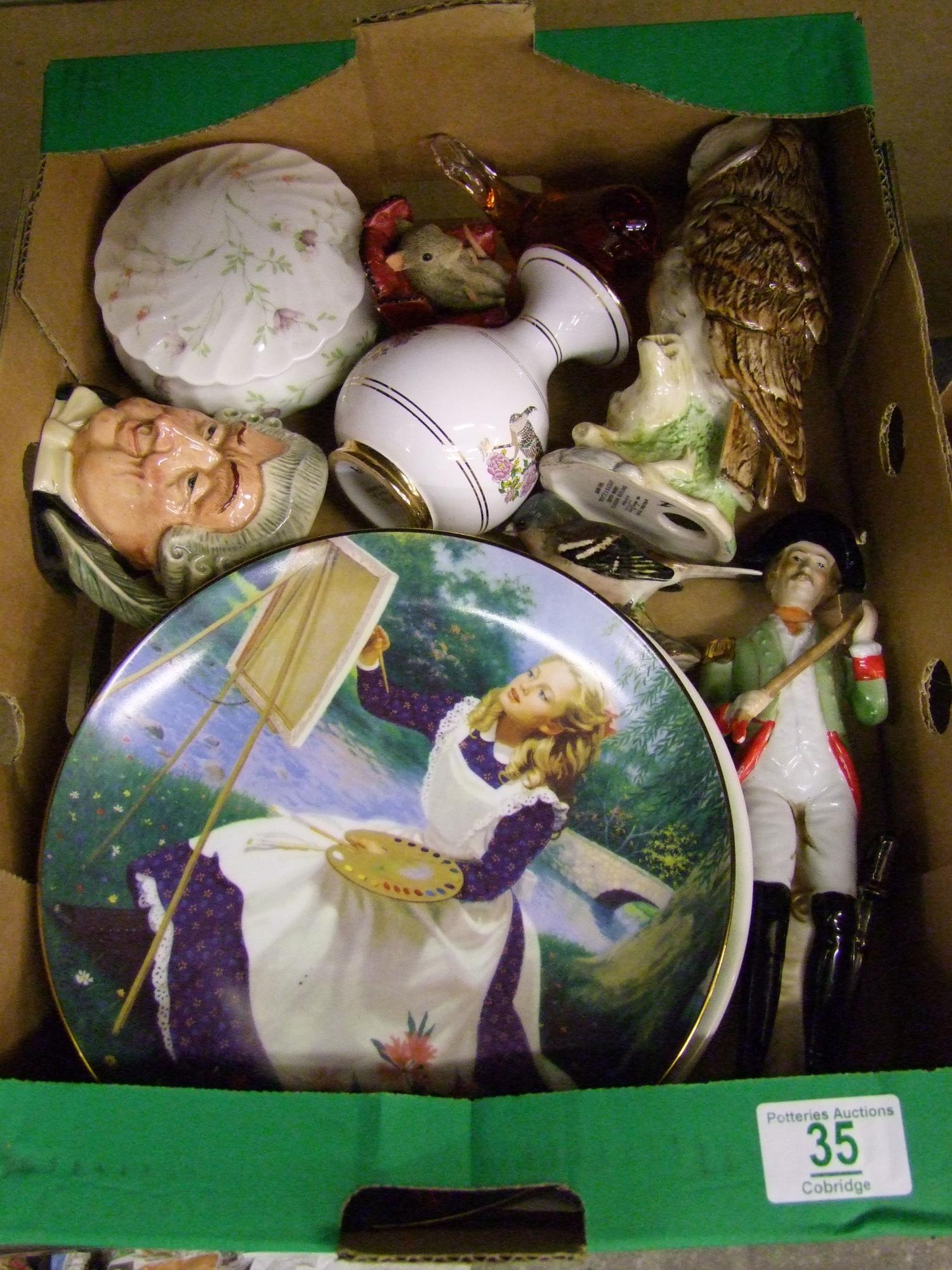 A mixed collection of items to include: Wedgwood Glass Paperweights, Royal Doulton Owl Decanter,