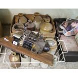 A large collection of stoneware jars and flagons: together with hard back books, butchers scales,