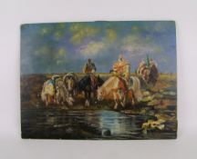 Modern on board oil painting of Arabian cavalry at waterhole: