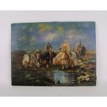 Modern on board oil painting of Arabian cavalry at waterhole: