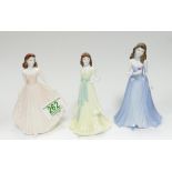 Coalport small lady figurines Ellie: together with one in a blue dress and peach dress . all