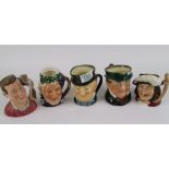 Royal Doulton Small Character jugs: Porthos, Bacchus, Mcawber, Pickwick & The Jug Collector(5)