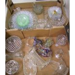 A collection of cut and pressed items: vases, baskets, bowls etc (2 trays).