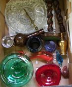 A mixed collection of items to include: glass paperweights, glass bowl, barley twist candlesticks,
