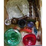 A mixed collection of items to include: glass paperweights, glass bowl, barley twist candlesticks,