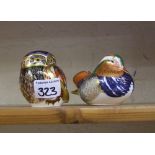 Royal Crown Derby paperweights: to include an owl and a mandarin duck ( no stoppers)