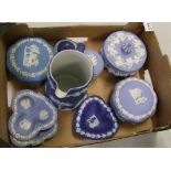 Wedgwood blue jasperware items: jug, lidded boxes etc (9)