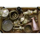 A collection of brass and metalware items: teapot, ewer, small decorative coal bucket, ice bucket