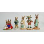 Royal Doulton Bunnykins figures: Partners in Collecting, Boy Skater, Anniversary, Jester & Shopper(