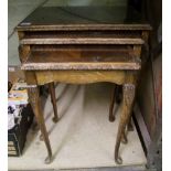 An oak nest of 3 tables: with carved Queen Anne legs and glass tops.