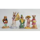 Royal Doulton Bunnykins figures: Fortune Teller, England Athelete, Mystic, Sightseer & Birthday Girl