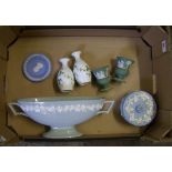 Wedgwood jasper ware items: to include Lidded box, Queensware vase, green jasper small vases etc (