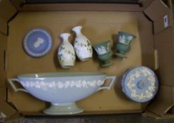 Wedgwood jasper ware items: to include Lidded box, Queensware vase, green jasper small vases etc (