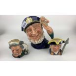 Royal Doulton seconds Character Jugs: Large Old Salt D6552, small Guardsman & Mark Twain(3)