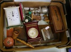 A mixed collection of items: mantle clocks, candlesticks, vintage domino set etc (1 tray).