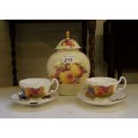 Aynsley orchard gold (white) two cup & saucers: together a Bentley Sanderson lidded jar (3)