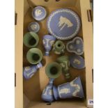 A collection of blue and green Wedgwood jasper ware: to include vases, pin dishes, trinklet boxes