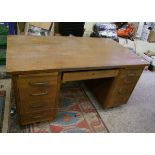 Oak 1940's large twin pedestal nine drawer desk: 153cm wide x 84cm deep x 74cm high