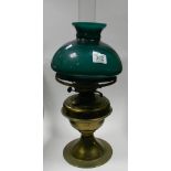 Brass oil lamp: with green shade. Height 52cm