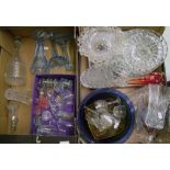 A collection of cut and pressed glass items: vases, decanter, bowls etc (2 trays).