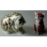 Two x Royal Crown Derby paperweights RUSSIAN BEAR & GINGER KITTEN: Gold stoppers,