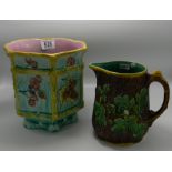 Minton Majolica Trunk Theme Water Jug: together with similar planter,
