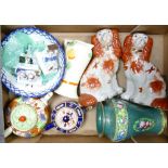 Tray lot of ceramics: Includes Minton vase, pair Staffs style dogs, tea pots, Fairings etc.