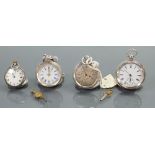 Four ladies silver pocket watches: One keyless & three key wind, all wind, tick, set & run down.