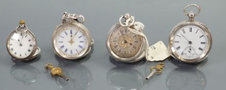 Four ladies silver pocket watches: One keyless & three key wind, all wind, tick, set & run down.