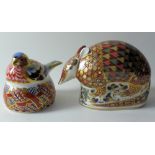 Two x Royal Crown Derby paperweights ARMADILLO & NESTING CHAFFINCH: Gold stoppers, first quality,