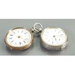 2 ladies silver pocket watches: No keys, sold as not working, 1 glass missing.