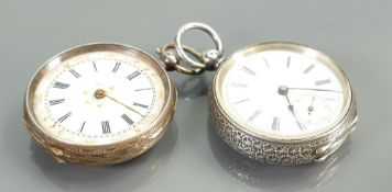 2 ladies silver pocket watches: No keys, sold as not working, 1 glass missing.