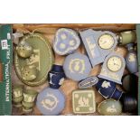 Collection of green & blue Wedgwood Jasperware: To include clocks, oval tray, pin dishes, lighters,