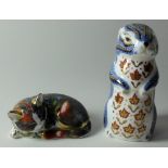 Two x Royal Crown Derby paperweights Catnip kitten & Chipmunk: Silver stoppers.