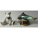 Two x Royal Crown Derby paperweights MINIATURE TEDDY BEAR EDWARD & LYME BAY BABY DOLPHIN: Gold