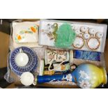 Job lot tray including tall Victorian glass vase: also miniature childs tea set, continental figure,