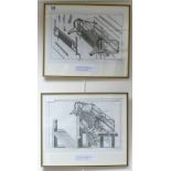 Pair 18th century prints of stocking making loom machines: Measuring 26cm x 37cm excluding mount &