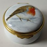 Moorcroft enamel Circular box ROBIN: Small size, hand painted and signed by artist, initials JB. 3.