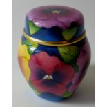 Moorcroft enamel GINGER JAR & LID PANSIES: Hand painted and signed with artist initials, 5.