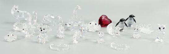 A collection of small Swarovski Crystal items to include: Penguins, Teddies, Mice, Birds,
