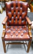 Red Leather Chesterfield Type Wooden Framed Armchair: